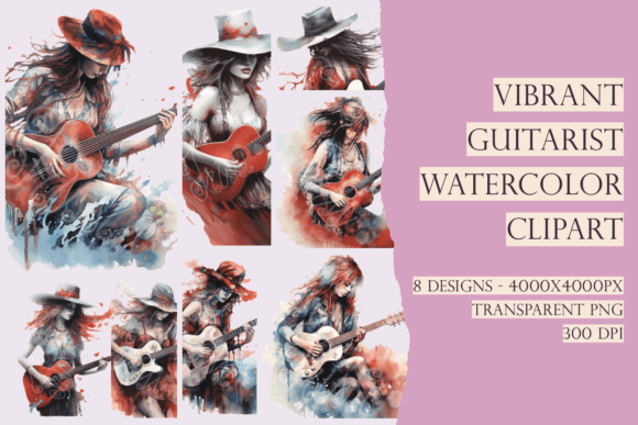 Download Boho Watercolor Art Women Guitarists PNG - Premium Bundle