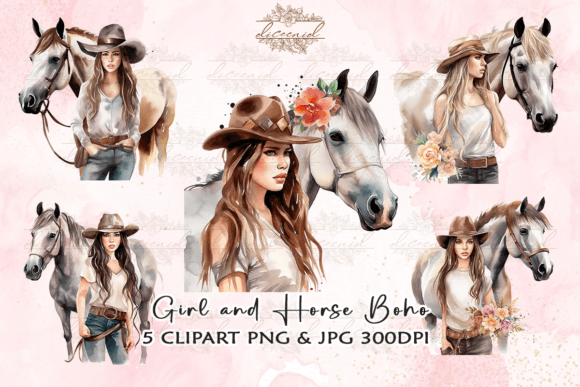 Download Girl and Horse Boho Watercolor Clipart - Premium Bundle