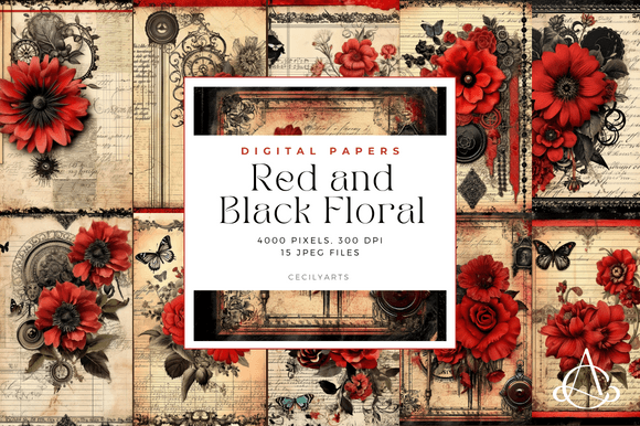 Download Red and Black Floral Junk Journal Pages - Junk journal Collection